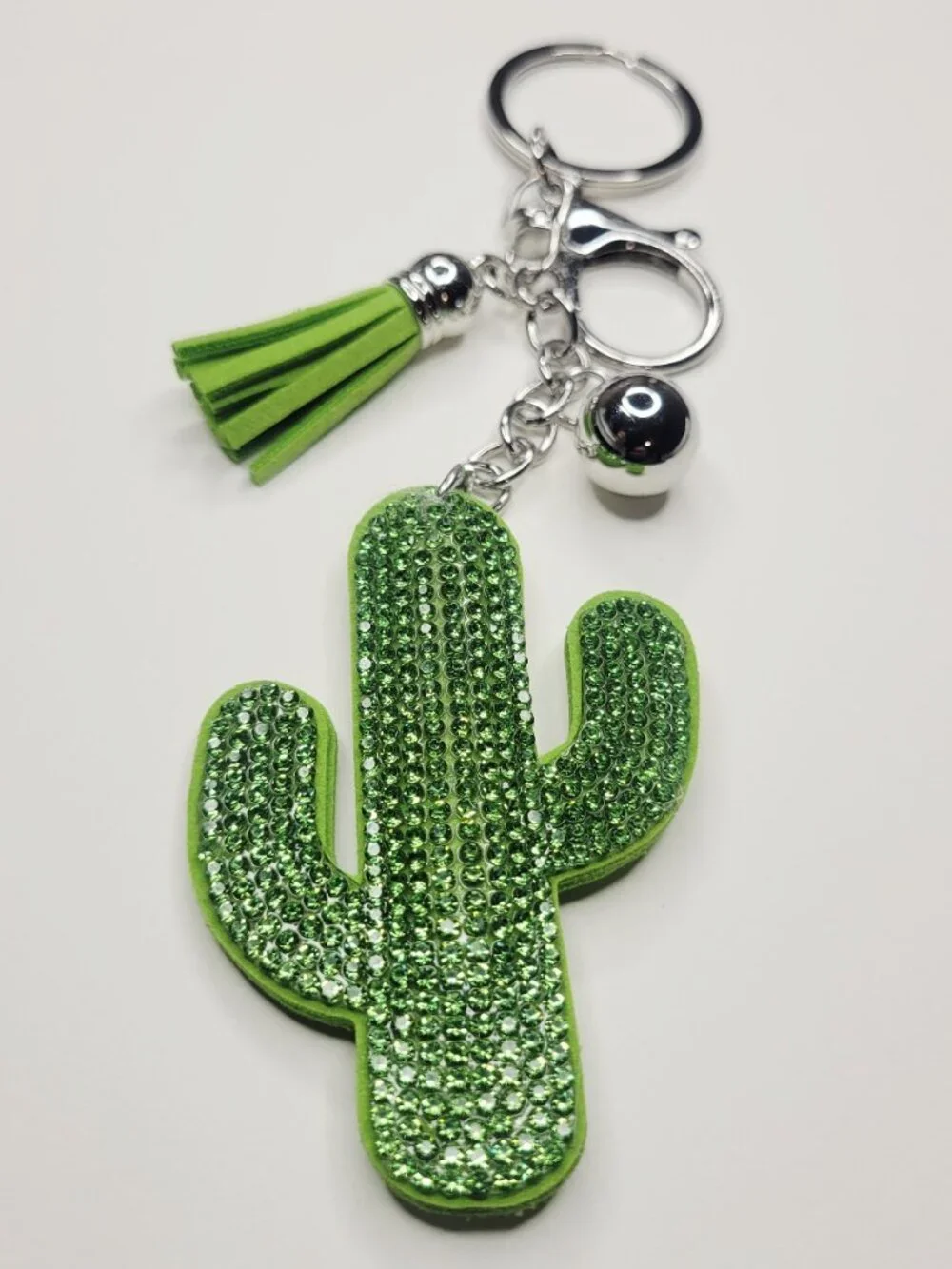 NWT Large Green And Silver Sparkling Cactus Keychain Purse Bag Charm With Tassel